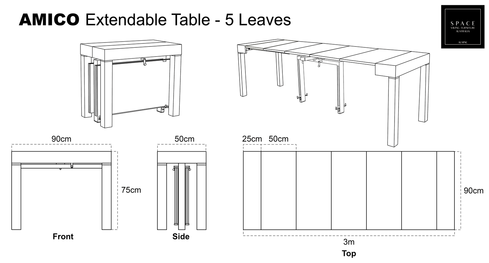 AMICO Extendable Dining Table - 5 Leaves Line | Space Saving Furniture Australia