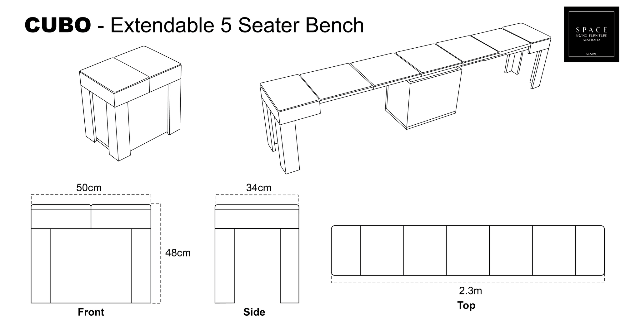 CUBO Extendable 5 Seater Bench Line | Space Saving Furniture Australia